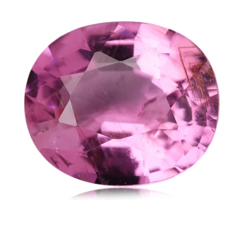 Tourmaline du Mozambique, taillée en ovale de 0,85 carat. Très belle couleur rose avec une légère pointe de violet pour cette gemme. 